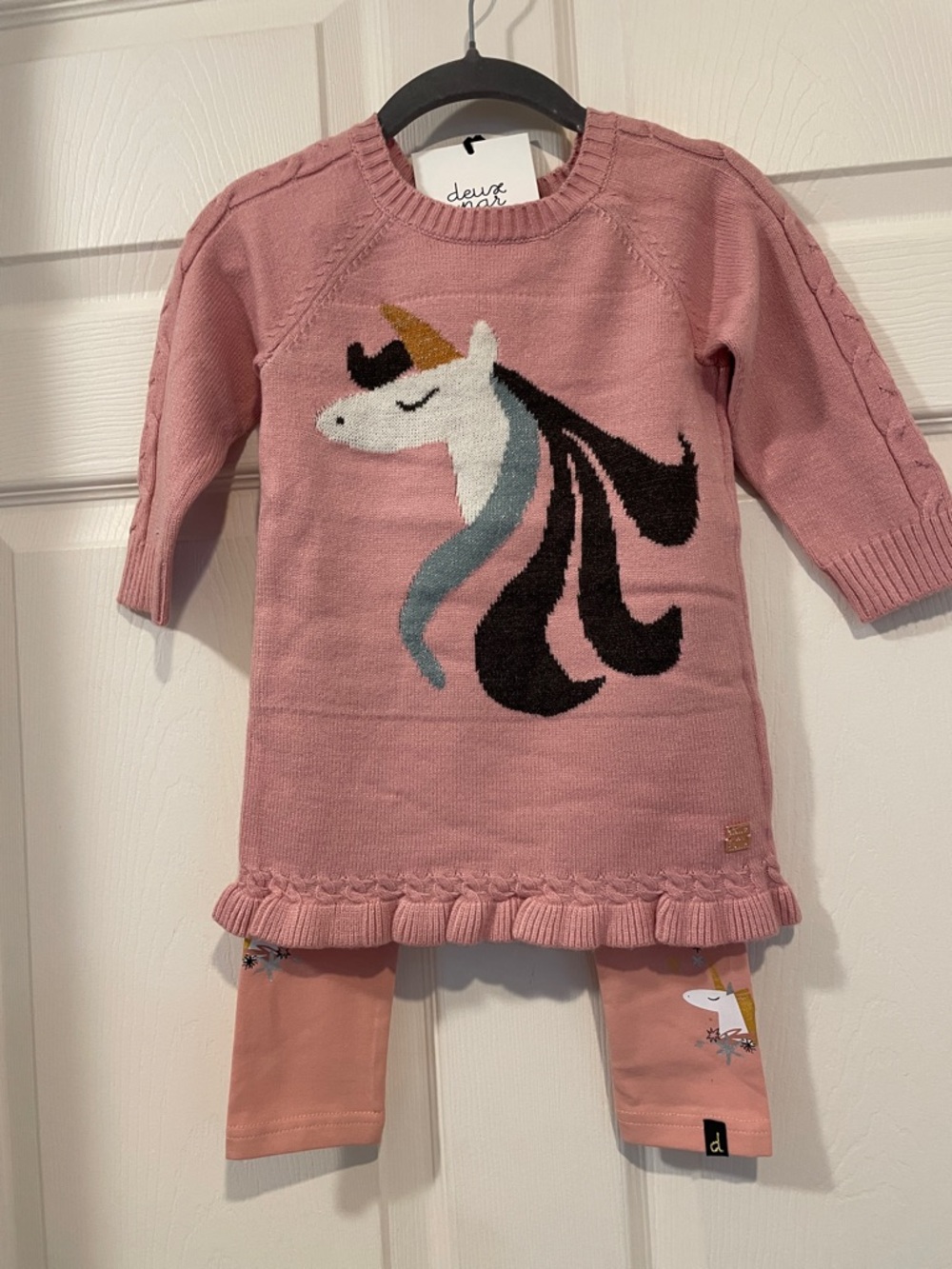 deux par deux Dusty Pink Unicorn Sweater Dress Intersia & Organic Bottoms NWT